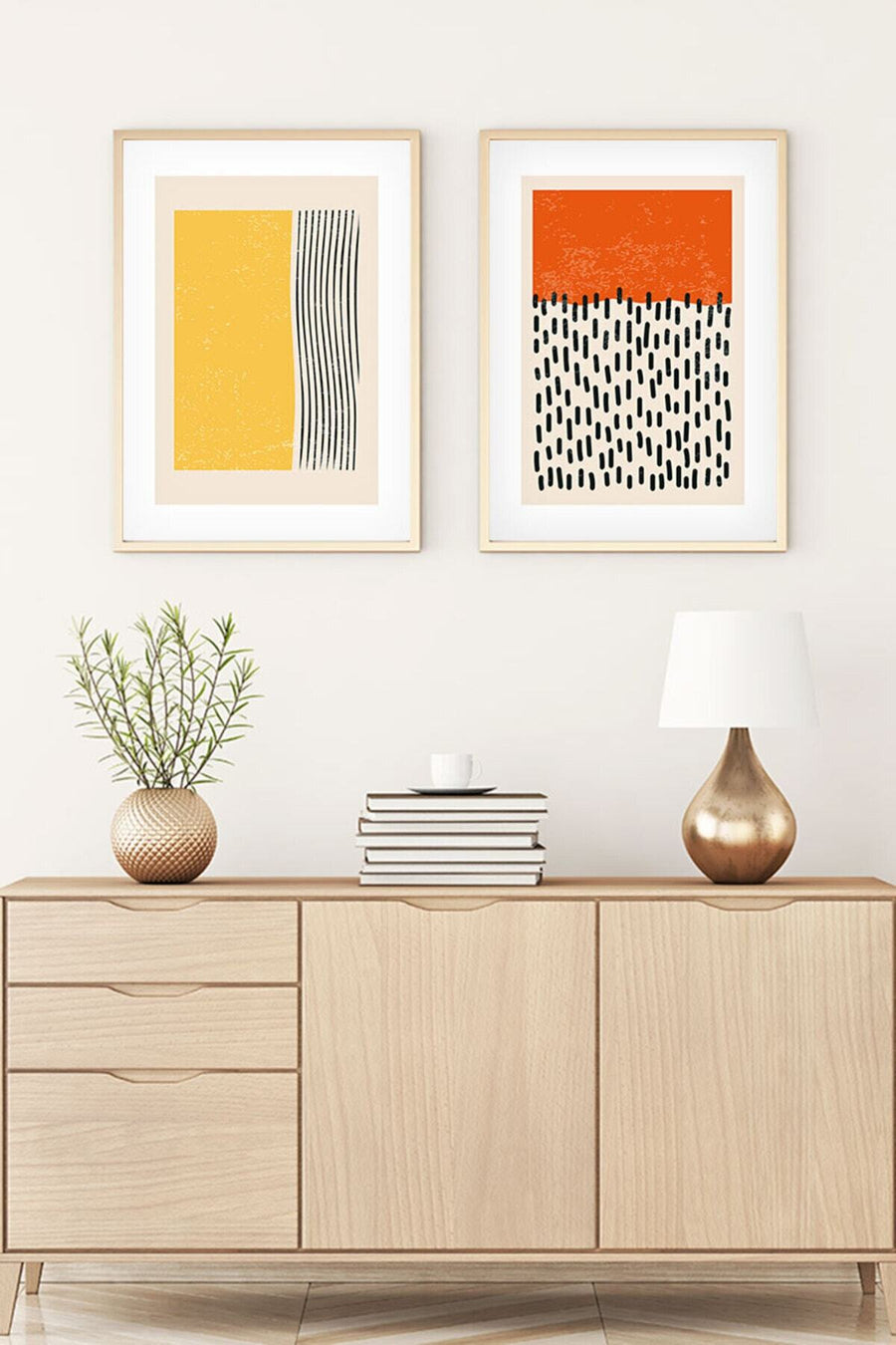Geometrik Desenli Turuncu ve Sarı Tablo Seti - Modern 2’li Set | huhu106
