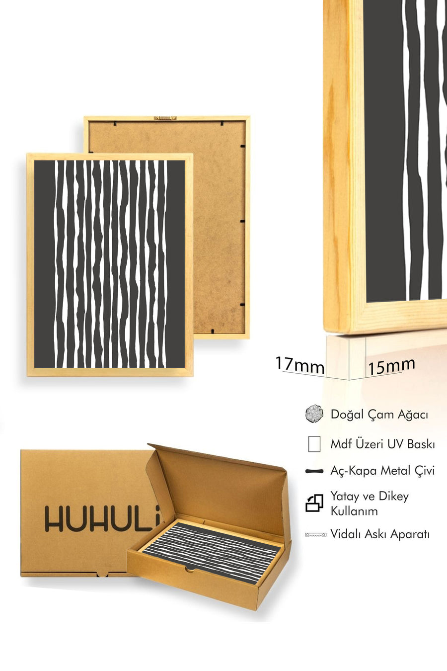Doğal Ahşap Çerçeveli Çizgili Desenli Tablo - Minimal | huhu1068