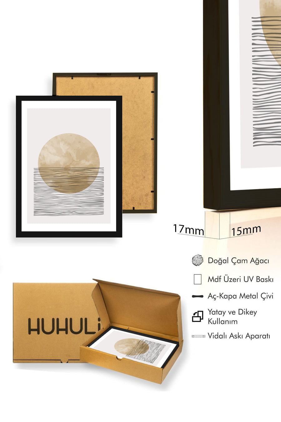 Doğal Ahşap Çerçeveli Soyut Daire Desenli Tablo - Pastel | huhu1029