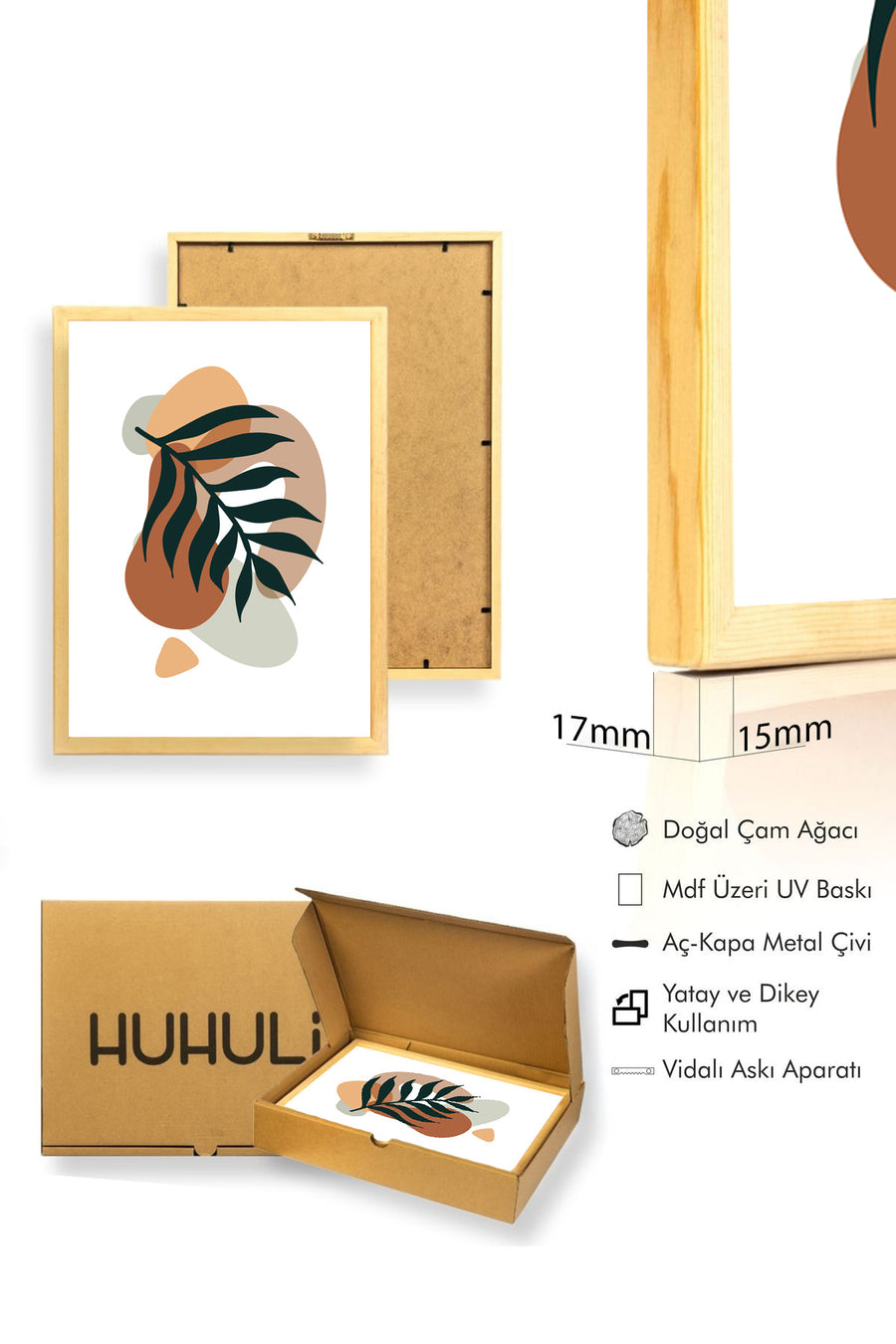 Doğal Ahşap Çerçeveli Soyut Yaprak Desenli Tablo - Canlı Tonlar | huhu1458