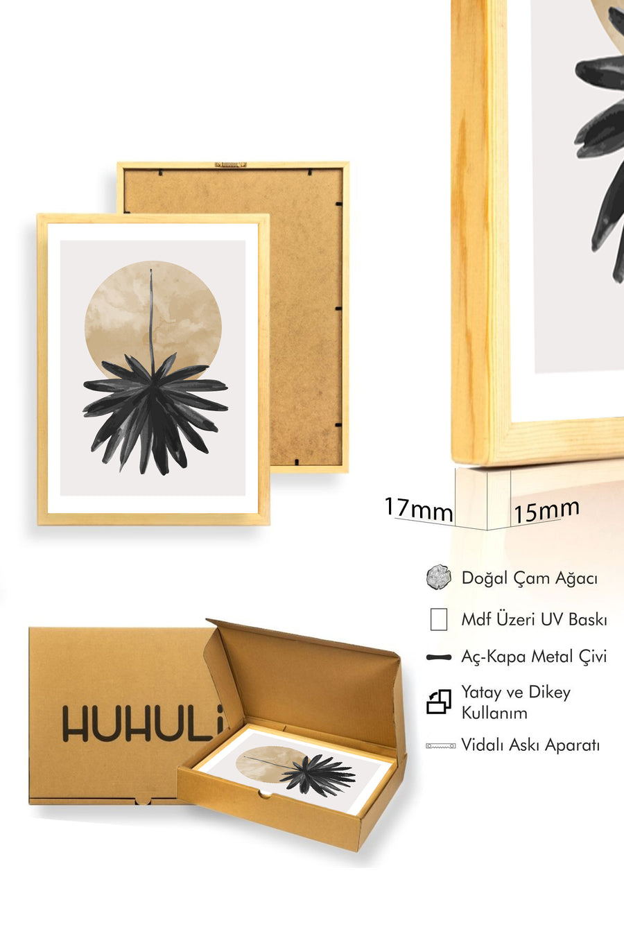 Doğal Ahşap Çerçeveli Minimal Yaprak Desenli Tablo - Pastel | huhu1027