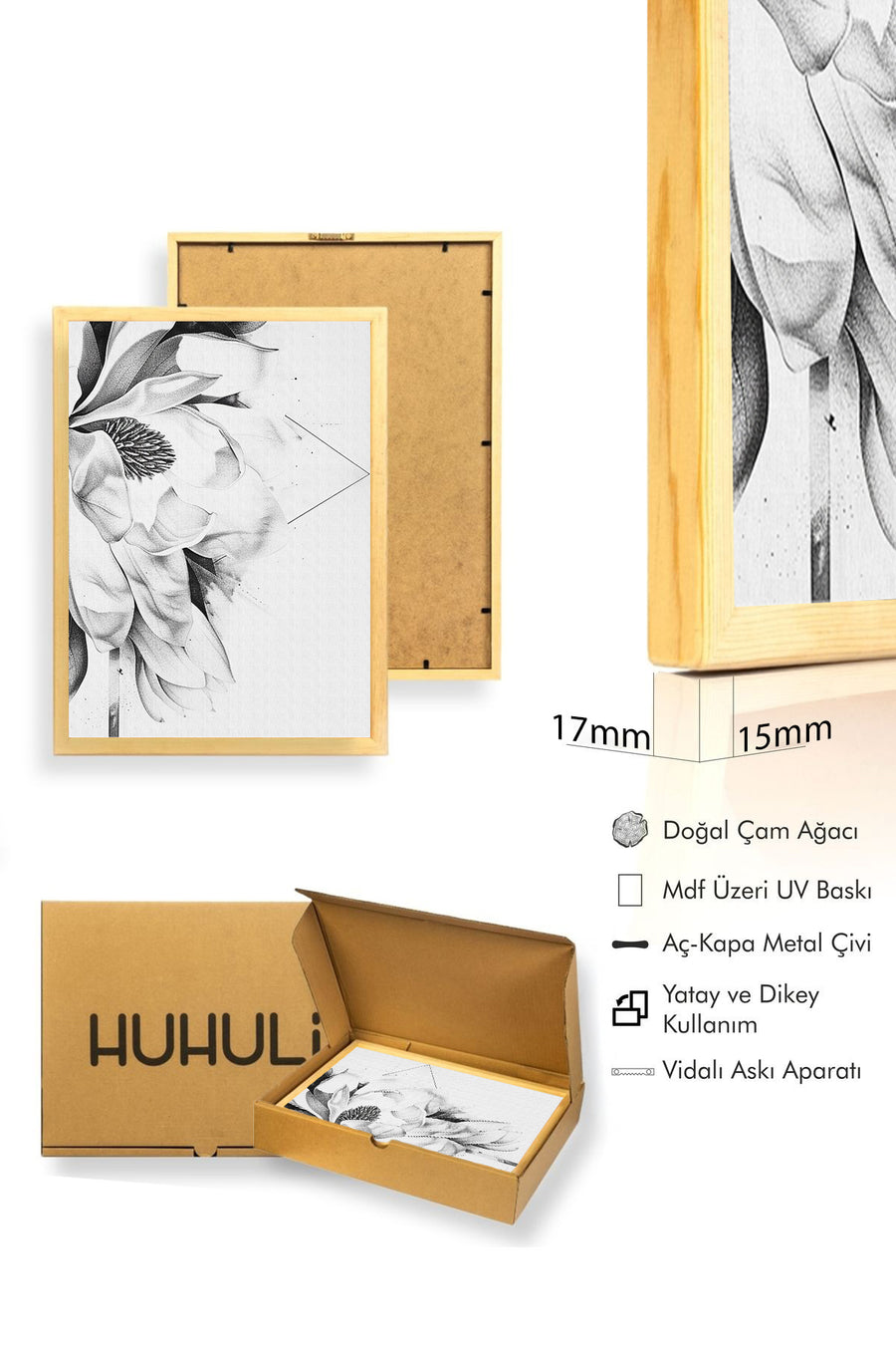 Doğal Ahşap Çerçeveli Çiçek Desenli Tablo - Minimal | huhu1314