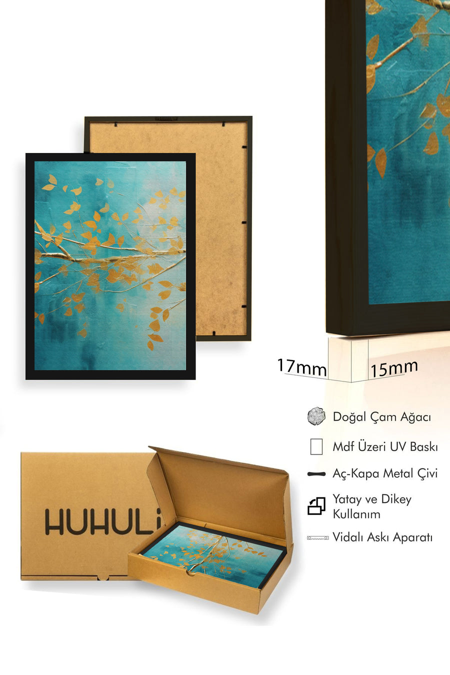 Doğal Ahşap Çerçeveli Yaprak Desenli Tablo - Canlı Tonlar | huhu1333