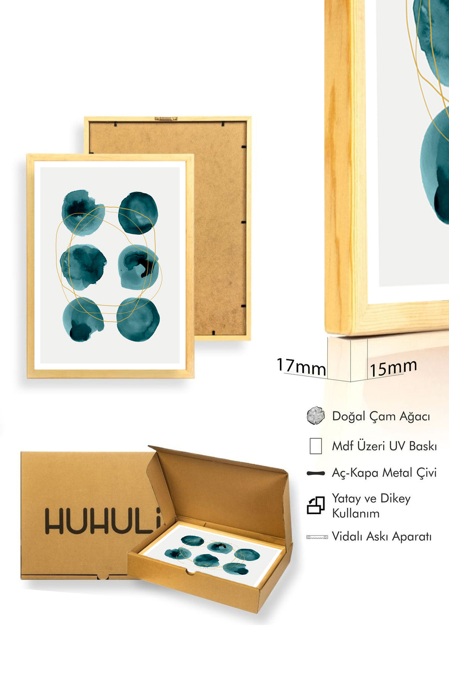 Doğal Ahşap Çerçeveli Soyut Desenli Tablo - Canlı Tonlar | huhu1503