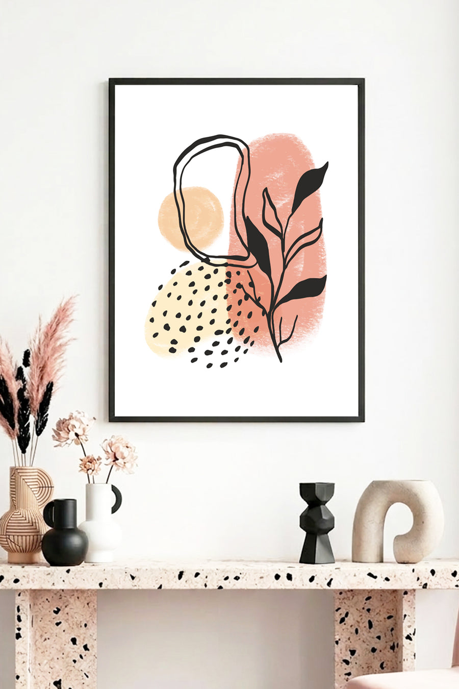 Doğal Ahşap Çerçeveli Soyut Yaprak Desenli Tablo - Pastel Tonlar | huhu1048