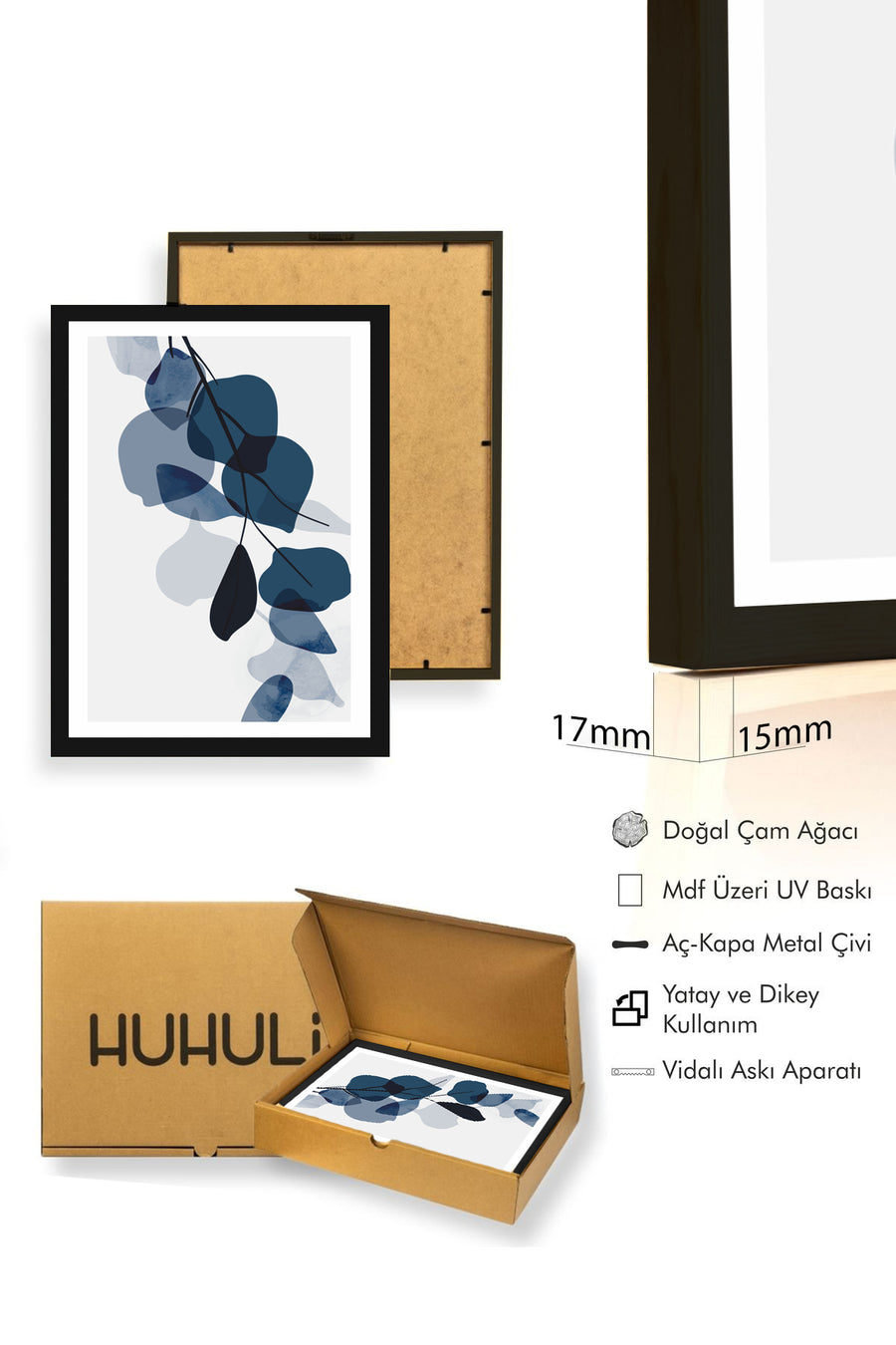 Doğal Ahşap Çerçeveli Soyut Yaprak Desenli Tablo - Mavi Tonlar | huhu1020