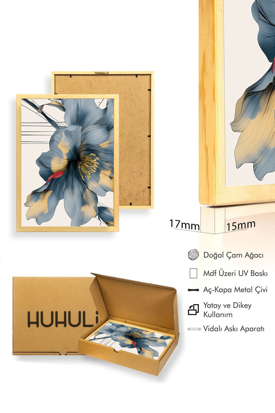 Doğal Ahşap Çerçeveli Çiçek Desenli Tablo - Minimal | huhu1294