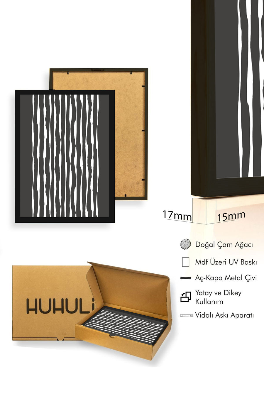 Doğal Ahşap Çerçeveli Çizgili Desenli Tablo - Minimal | huhu1068