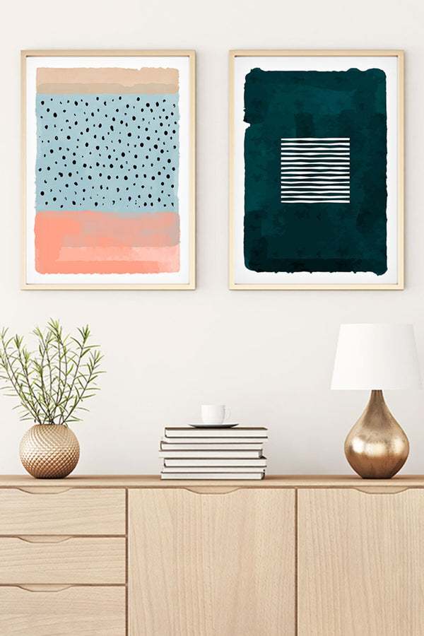 Geometrik Desenli Mavi Tablo Seti - Modern 2’li Set | huhu55