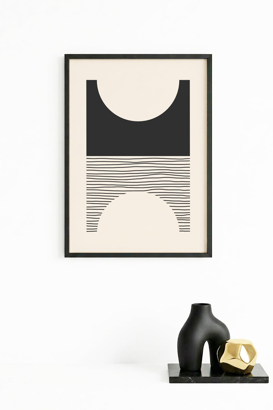 Doğal Ahşap Çerçeveli Minimal Siyah Desenli Tablo - Modern | huhu1424