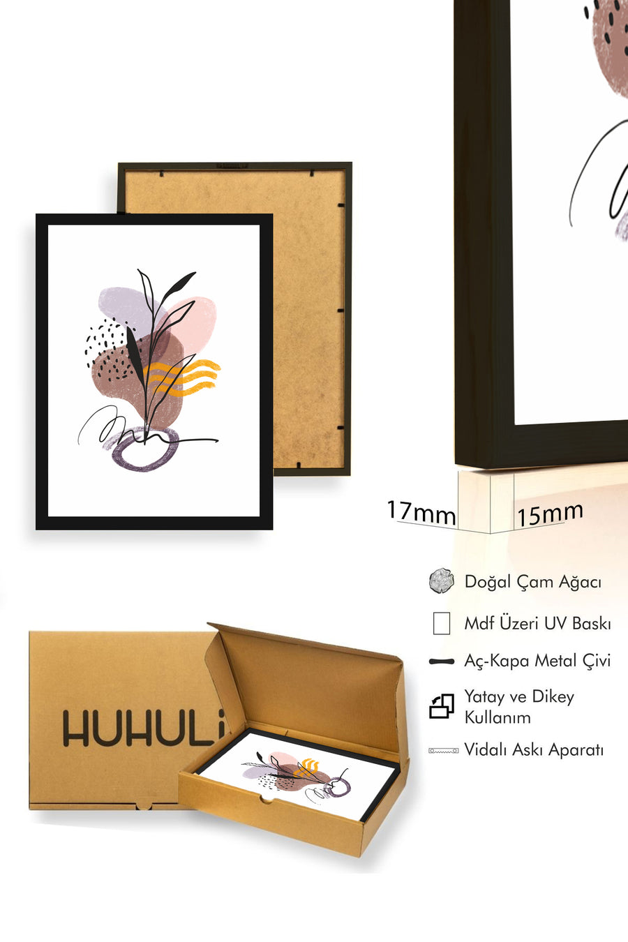 Doğal Ahşap Çerçeveli Soyut Bitki Desenli Tablo - Pastel Tonlar | huhu1057