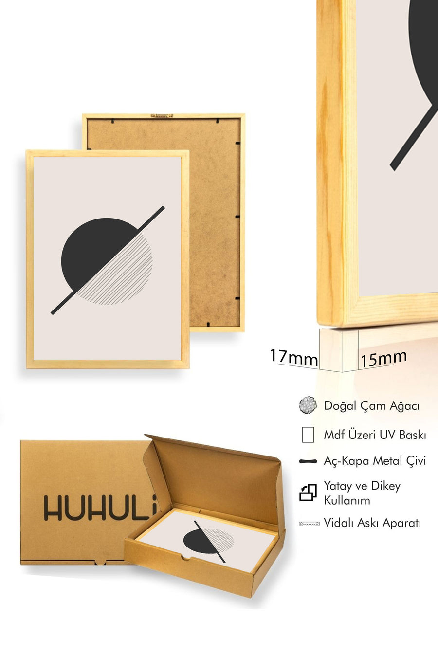 Doğal Ahşap Çerçeveli Geometrik Desenli Tablo - Minimal | huhu1435