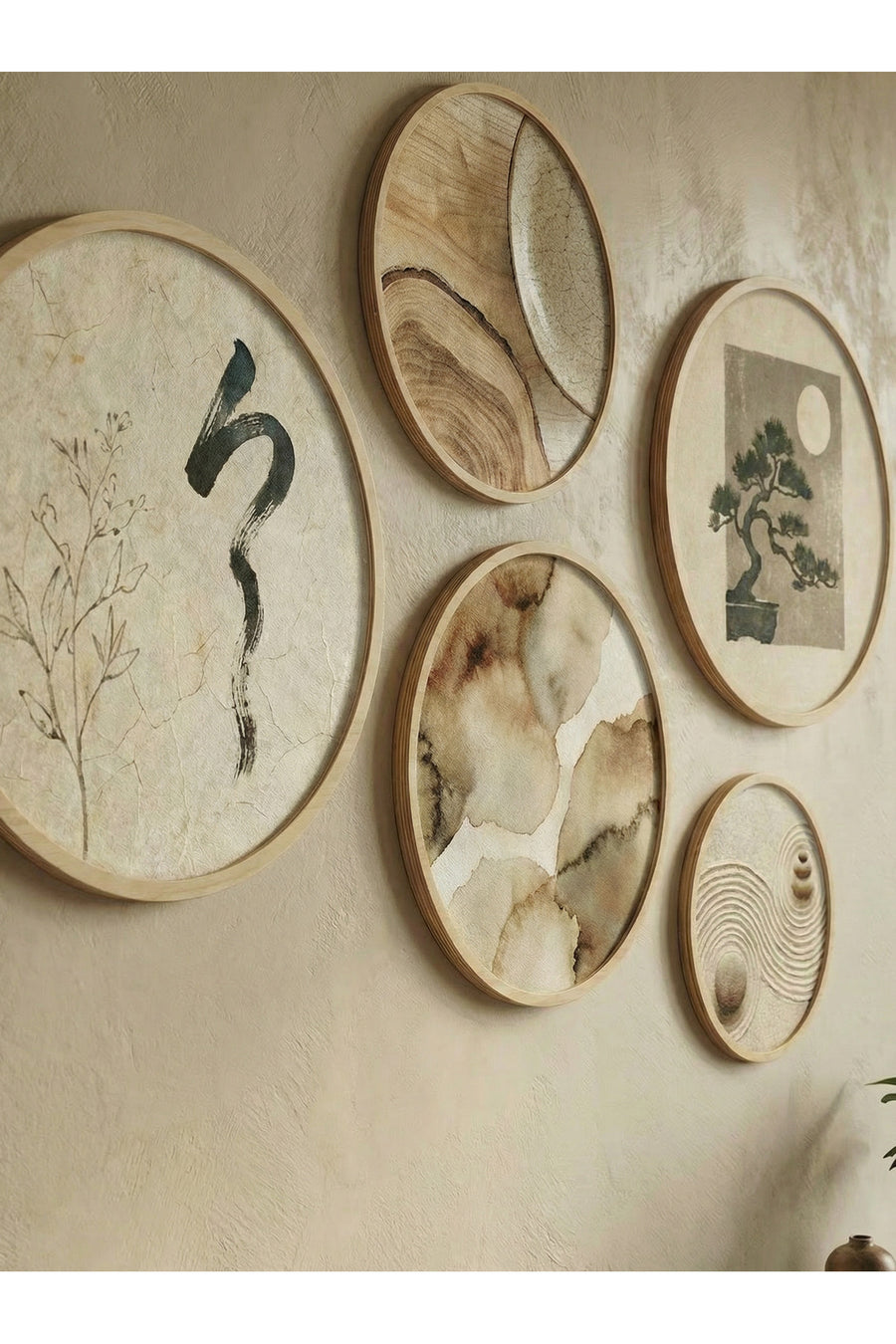 Wabi Sabi 5'li Yuvarlak Tablo Seti - Doğal Huş Ahşap Çerçeveli Japandi Duvar Dekoru Huhu876
