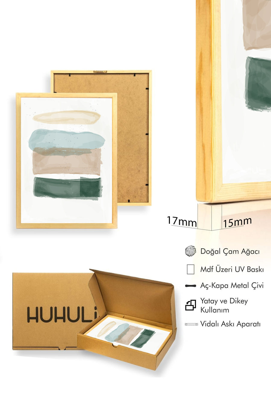 Doğal Ahşap Çerçeveli Soyut Renk Blokları Tablo - Canlı Tonlar | huhu1475