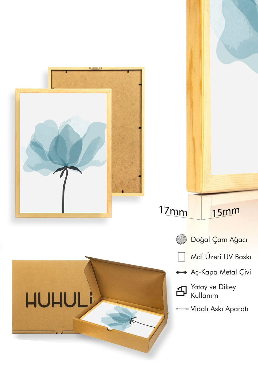 Doğal Ahşap Çerçeveli Soyut Çiçek Desenli Tablo - Pastel Tonlar | huhu1016