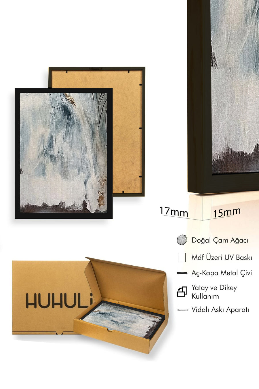 Doğal Ahşap Çerçeveli Soyut Desenli Tablo - Mavi-Beyaz | huhu1309