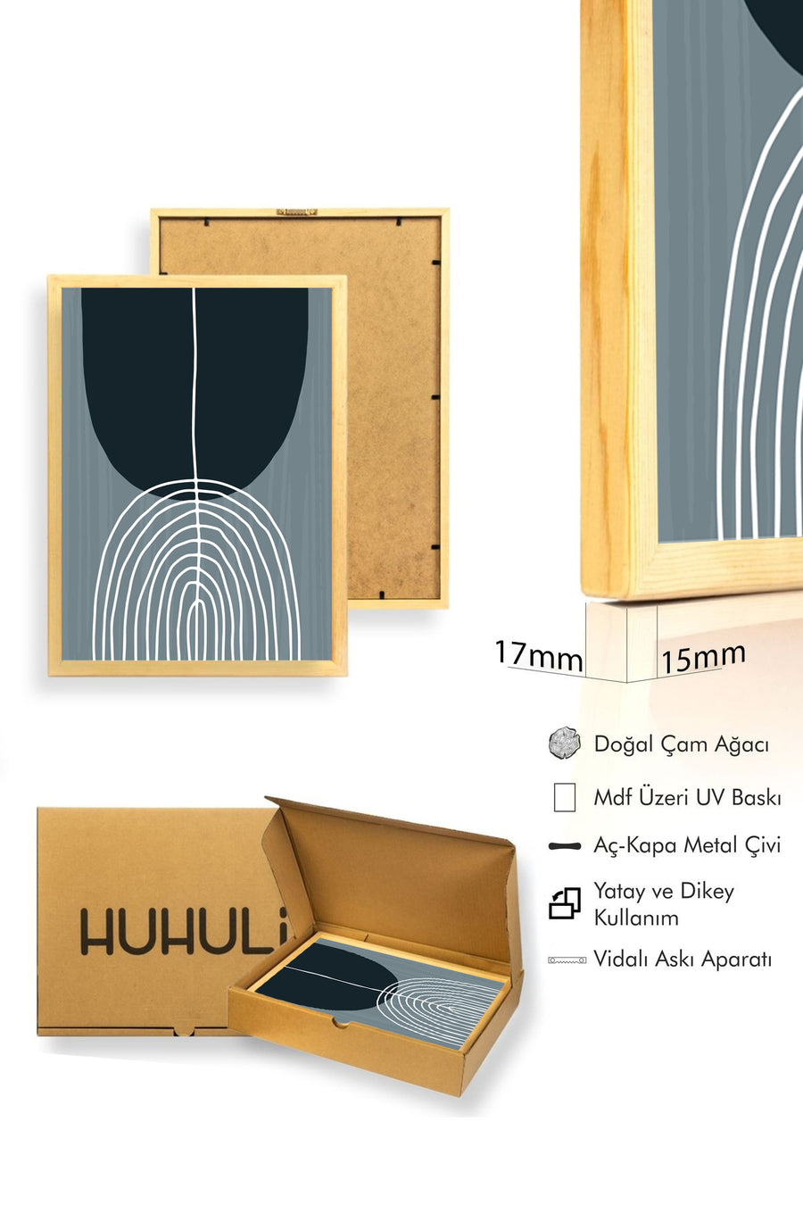Doğal Ahşap Çerçeveli Minimal Geometrik Desenli Tablo - Soğuk Tonlar | huhu1037