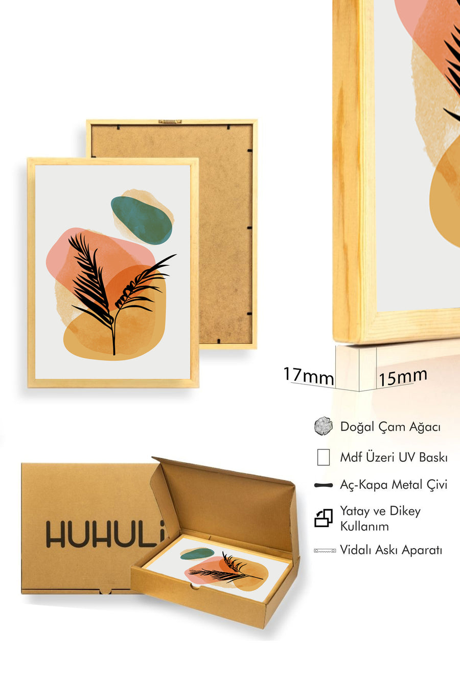 Doğal Ahşap Çerçeveli Minimal Yaprak Desenli Tablo - Canlı Tonlar | huhu1395