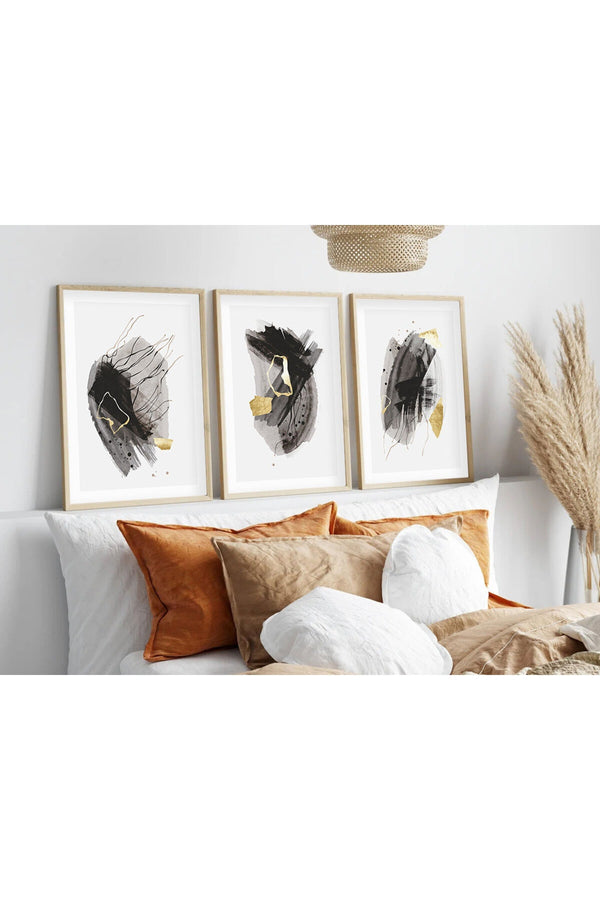 Soyut Desenli Siyah-Beyaz Tablo Seti - Modern 3’lü Set | huhu208