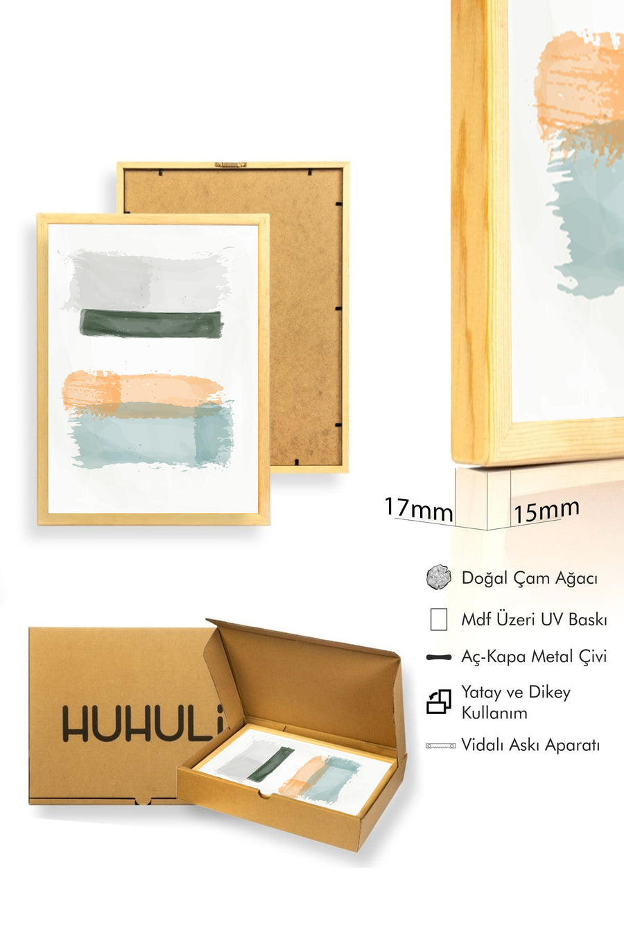 Doğal Ahşap Çerçeveli Soyut Renkli Tablo - Canlı Tonlar | huhu1473