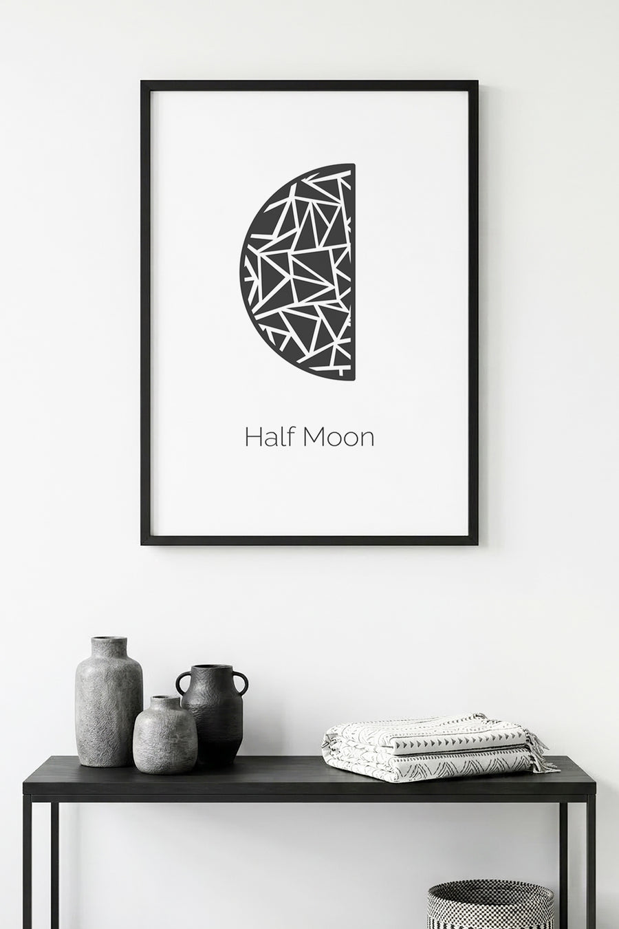 Doğal Ahşap Çerçeveli Geometrik Yarım Ay Desenli Tablo - Siyah-Beyaz | huhu1046