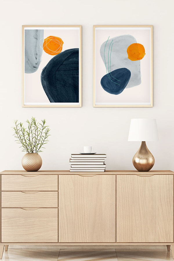 Soyut Desenli Mavi ve Turuncu Tablo Seti - Modern 2’li Set | huhu9