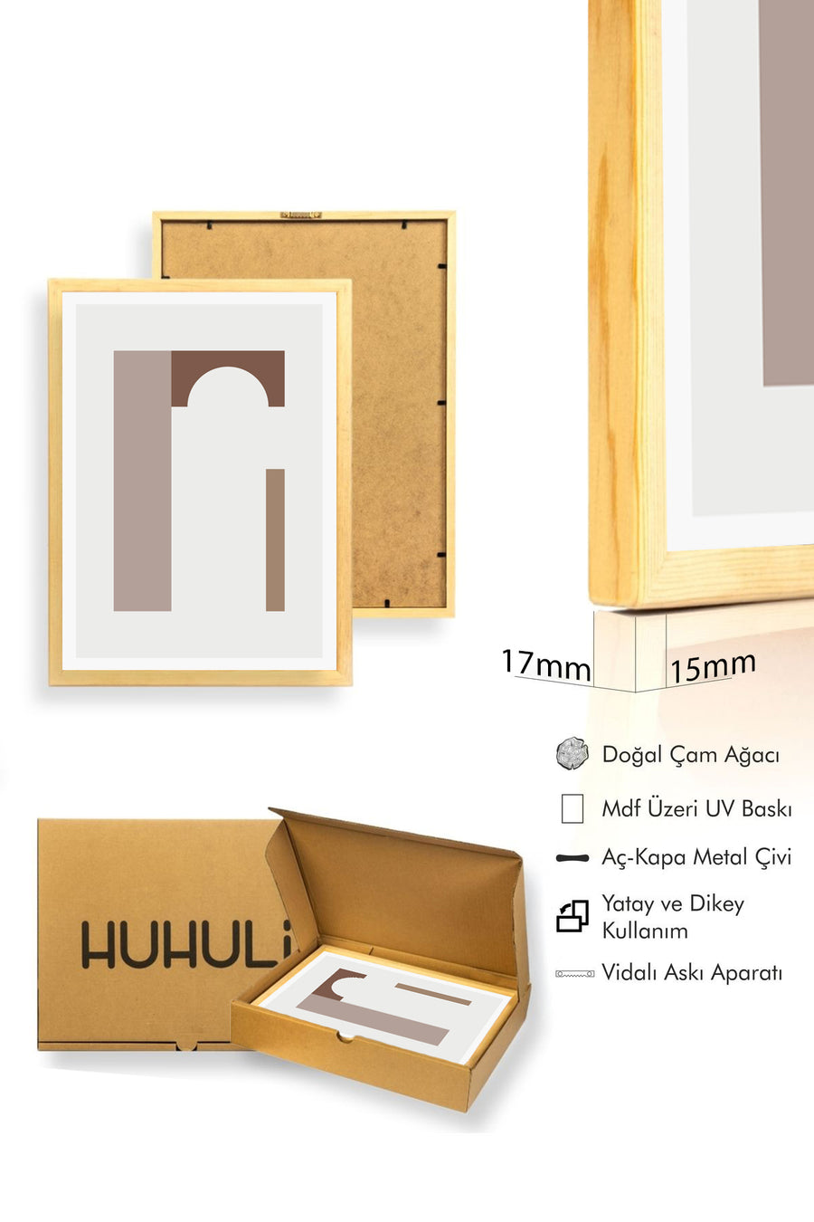 Doğal Ahşap Çerçeveli Minimal Geometrik Desenli Tablo - Pastel Tonlar | huhu1488