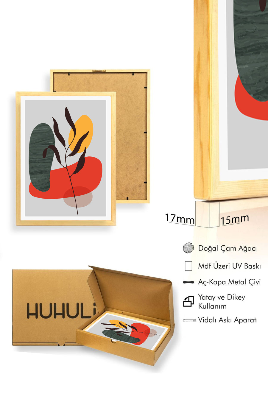 Doğal Ahşap Çerçeveli Soyut Yaprak Desenli Tablo - Canlı Tonlar | huhu1354