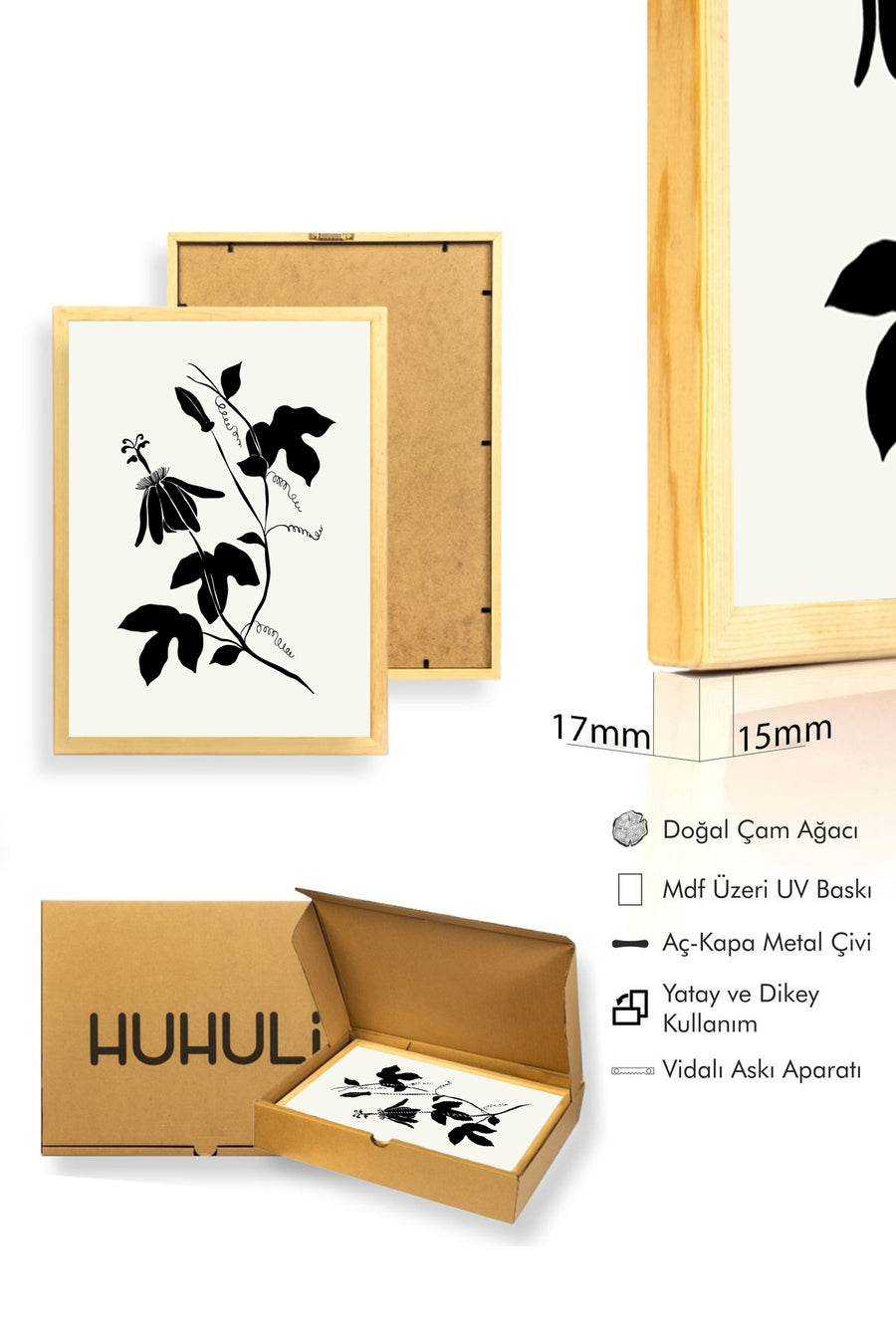 Doğal Ahşap Çerçeveli Çiçek Desenli Tablo - Minimal | huhu1323