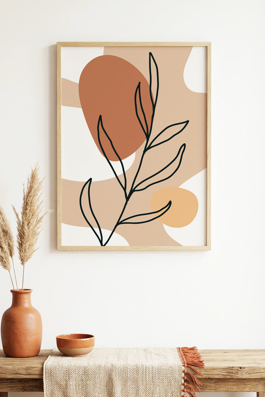 Doğal Ahşap Çerçeveli Minimal Yaprak Desenli Tablo - Pastel Tonlar | huhu1384