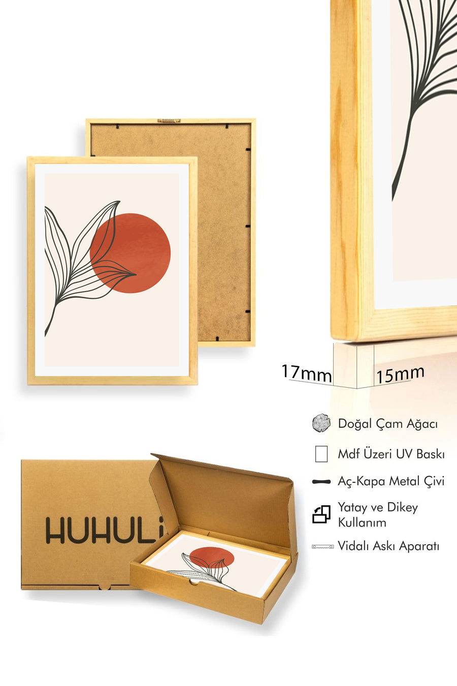 Doğal Ahşap Çerçeveli Minimal Yaprak Desenli Tablo - Canlı Tonlar | huhu1039