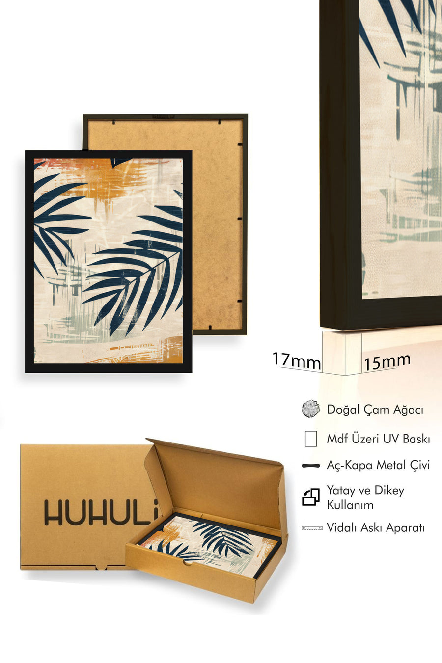 Doğal Ahşap Çerçeveli Yaprak Desenli Tablo - Canlı Tonlar | huhu1286