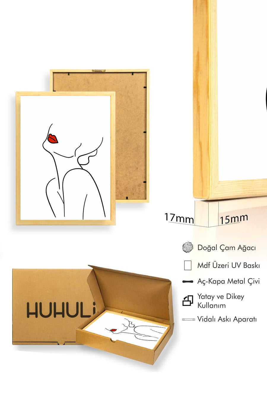 Doğal Ahşap Çerçeveli Minimalist Kadın Portresi Tablo - Siyah-Beyaz | huhu1623