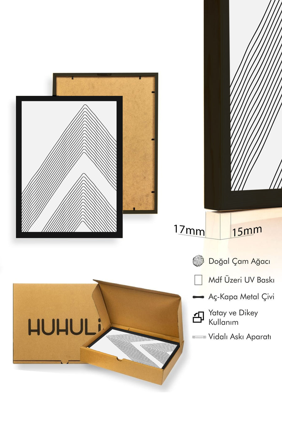 Doğal Ahşap Çerçeveli Çizgisel Desenli Tablo - Minimal | huhu1410