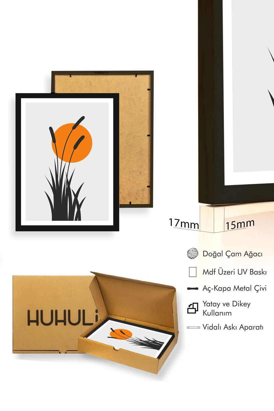 Doğal Ahşap Çerçeveli Soyut Bitki Desenli Tablo - Canlı Tonlar | huhu1062