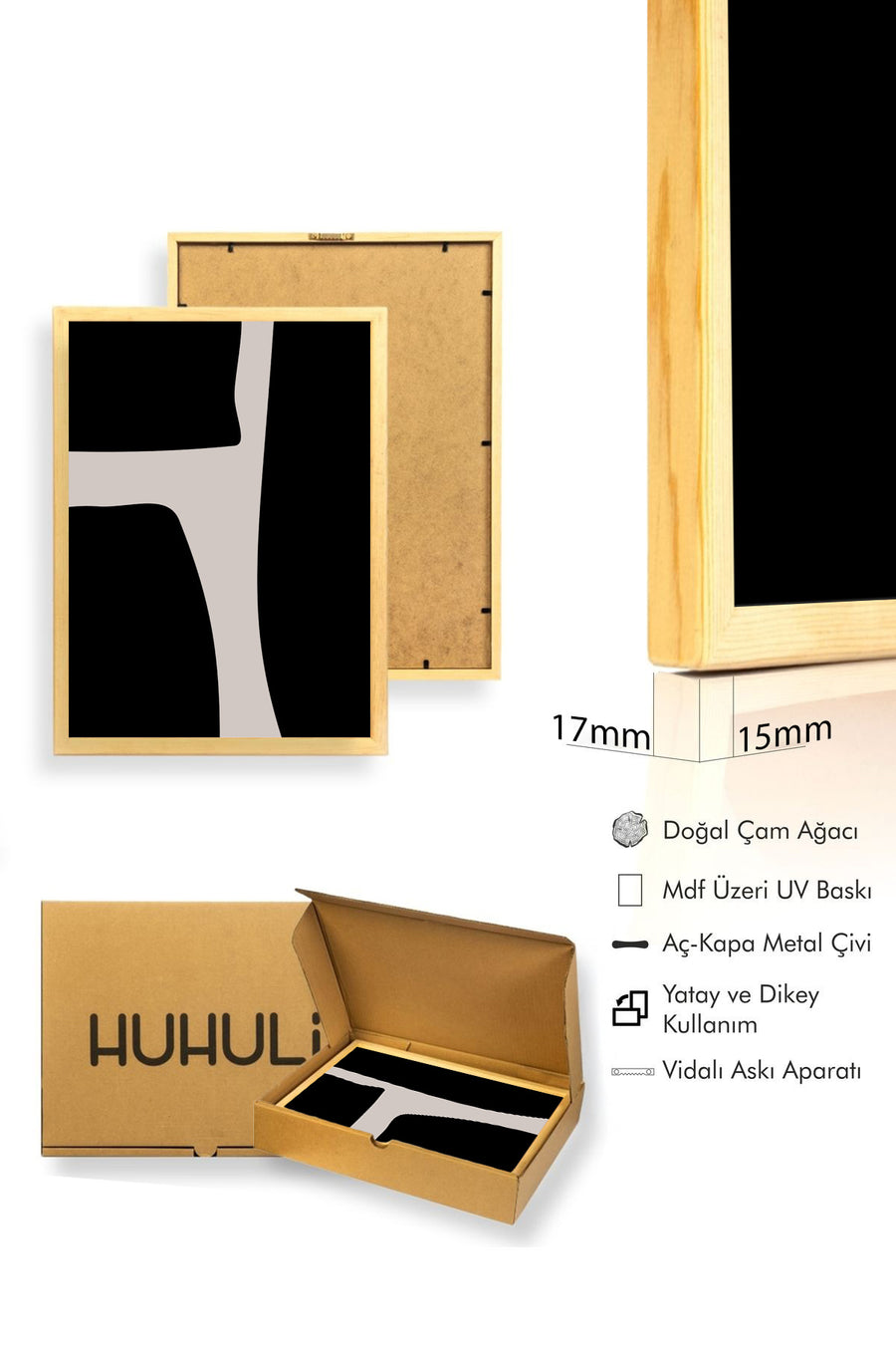 Doğal Ahşap Çerçeveli Minimal Soyut Desenli Tablo - Bej-Siyah | huhu1070
