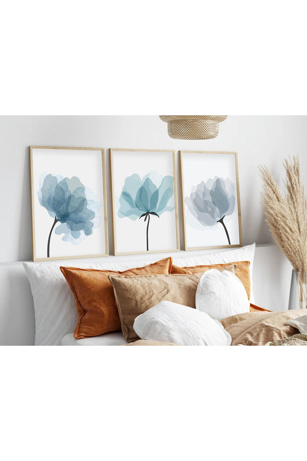 Soyut Mavi Çiçekli Tablo Seti - Modern 3’lü Set | huhu206