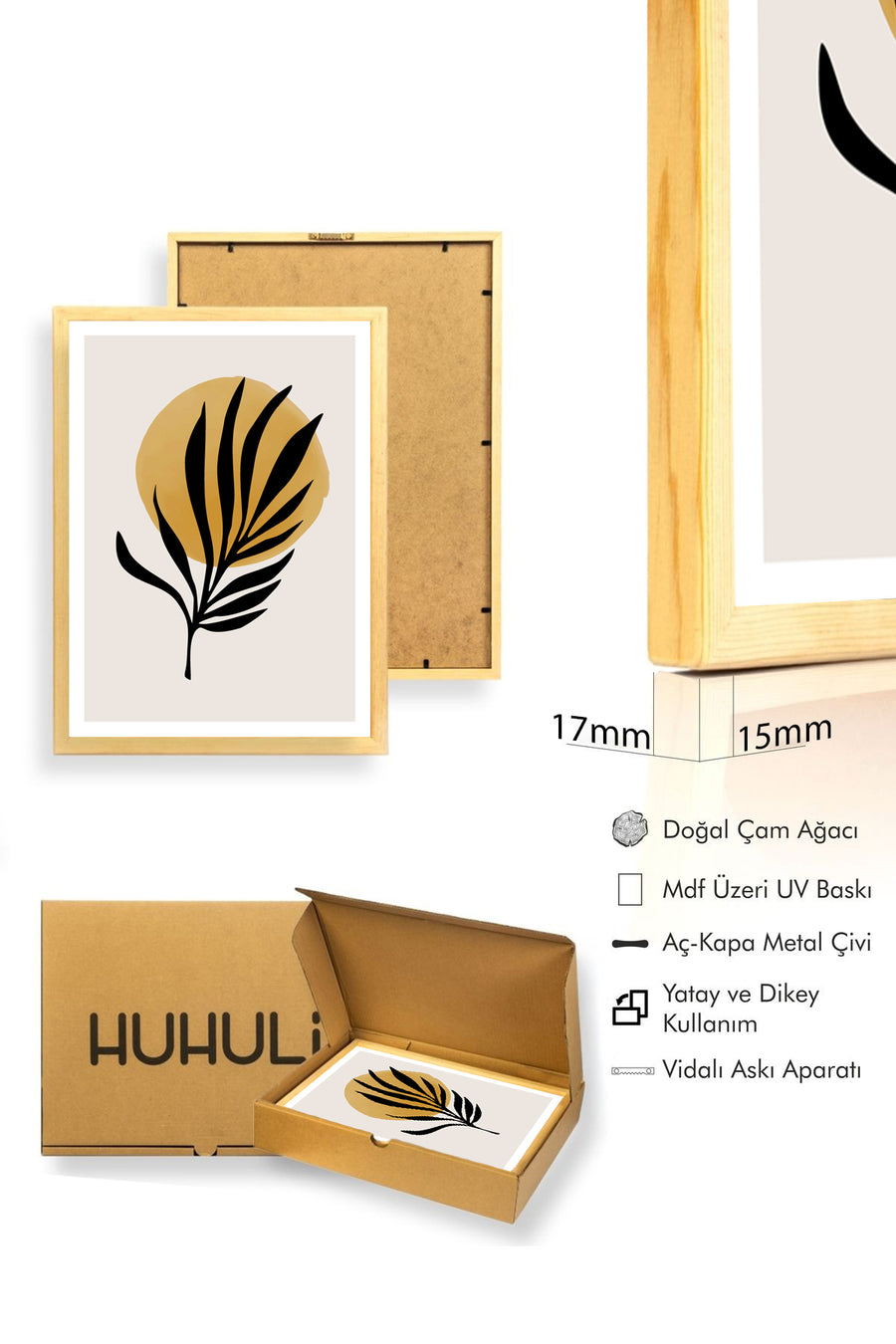 Doğal Ahşap Çerçeveli Minimal Yaprak Desenli Tablo - Pastel Tonlar | huhu1464