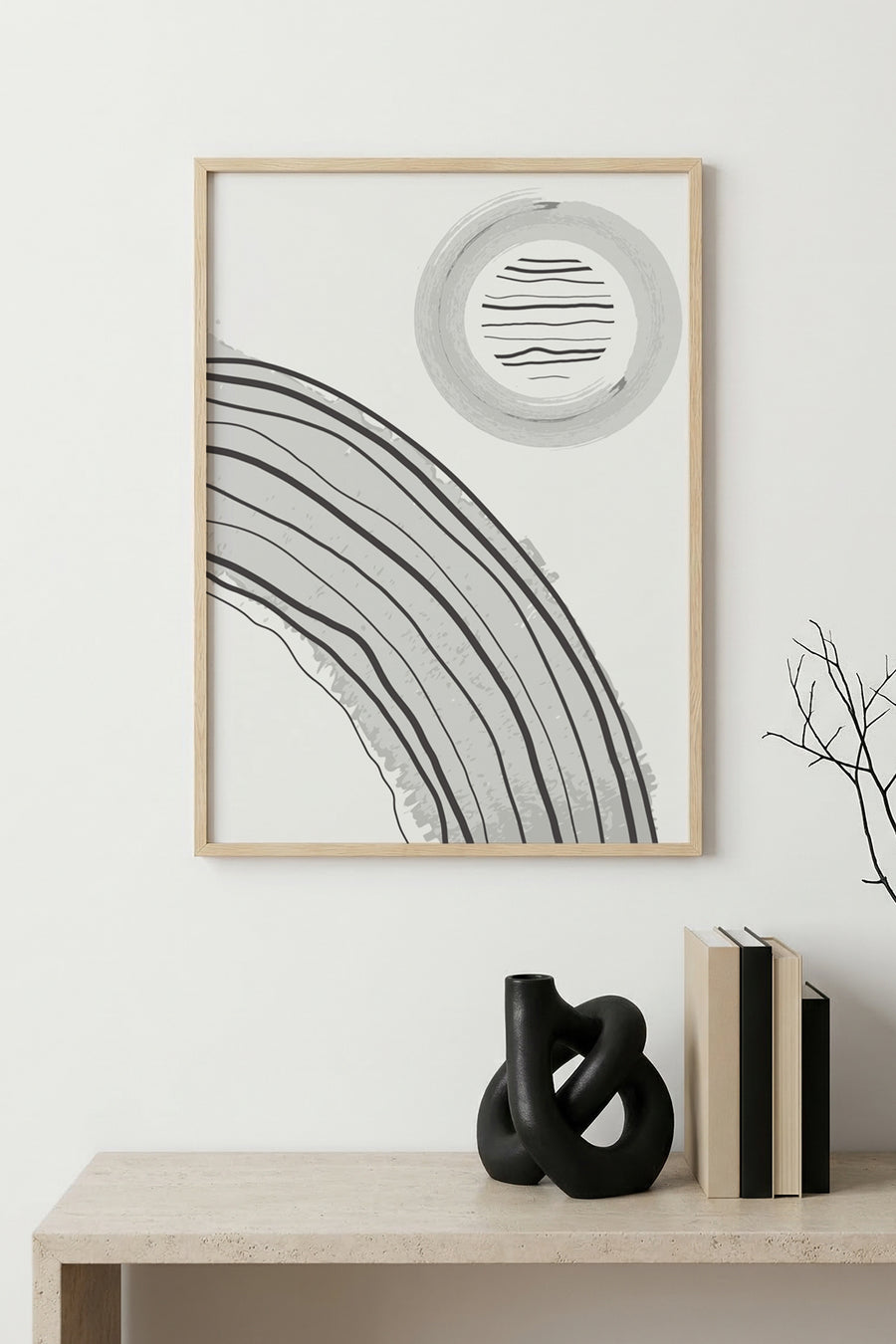 Doğal Ahşap Çerçeveli Soyut Çizgili Tablo - Grayscale | huhu1380