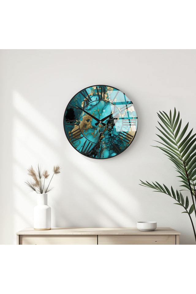 Modern Geometrik Desenli Duvar Saati - Mavi ve Altın | Huhu333
