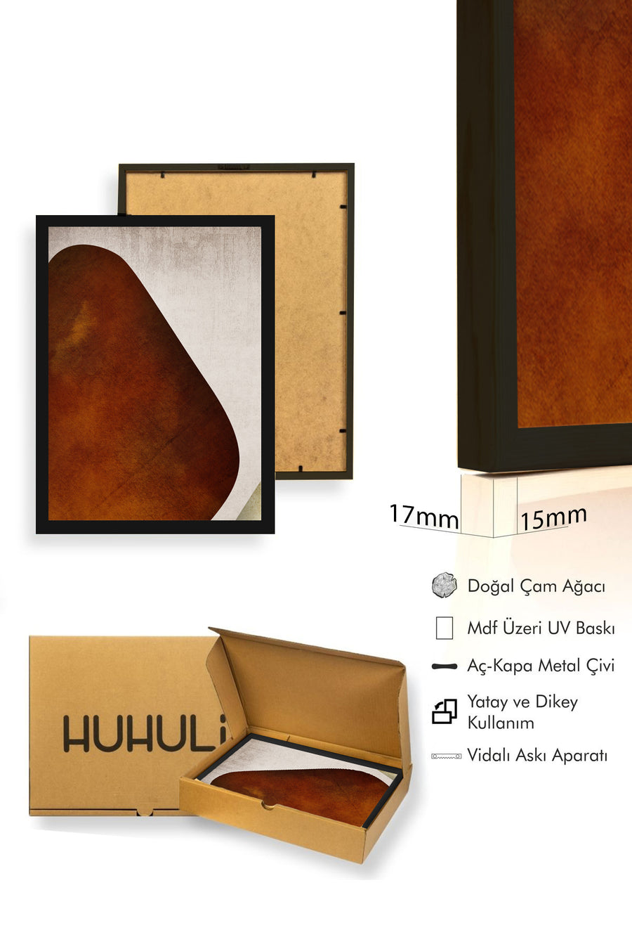 Doğal Ahşap Çerçeveli Soyut Desenli Tablo - Kahverengi ve Beyaz | huhu1291