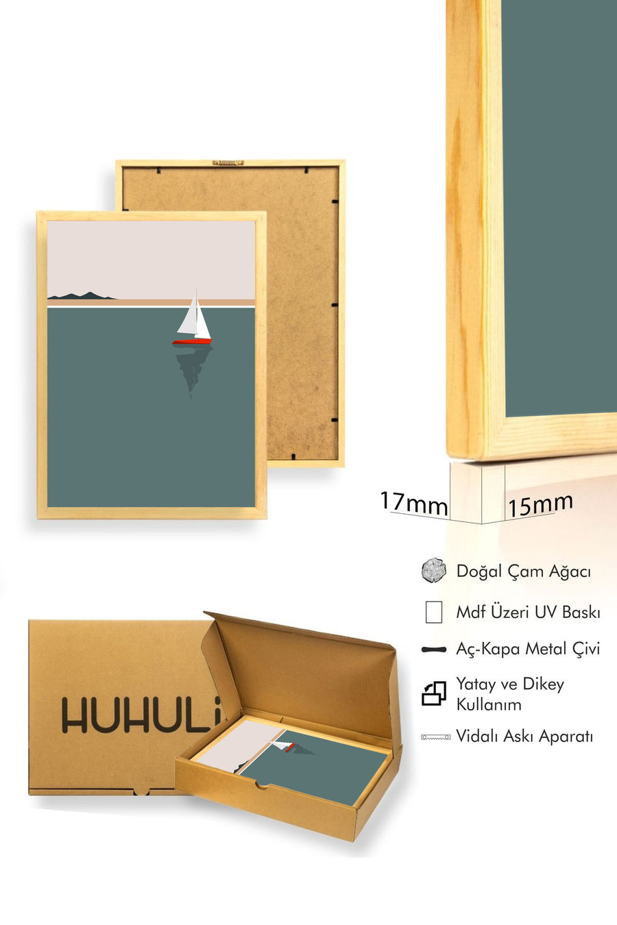 Doğal Ahşap Çerçeveli Minimal Yelkenli Tablo - Deniz Manzarası | huhu1336