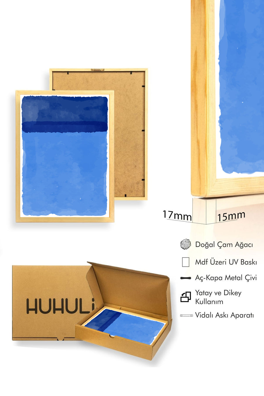 Doğal Ahşap Çerçeveli Soyut Mavi Desenli Tablo - Canlı Tonlar | huhu1390
