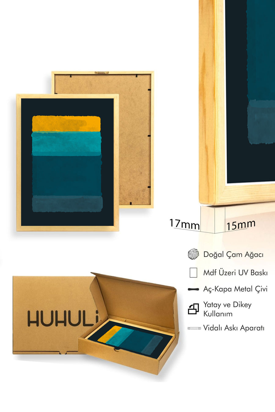 Doğal Ahşap Çerçeveli Soyut Desenli Tablo - Canlı Tonlar | huhu1447