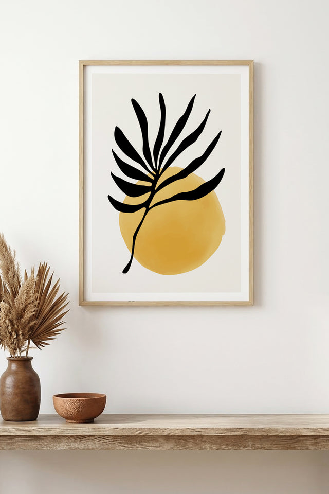 Doğal Ahşap Çerçeveli Minimal Yaprak Desenli Tablo - Pastel Tonlar | huhu1462