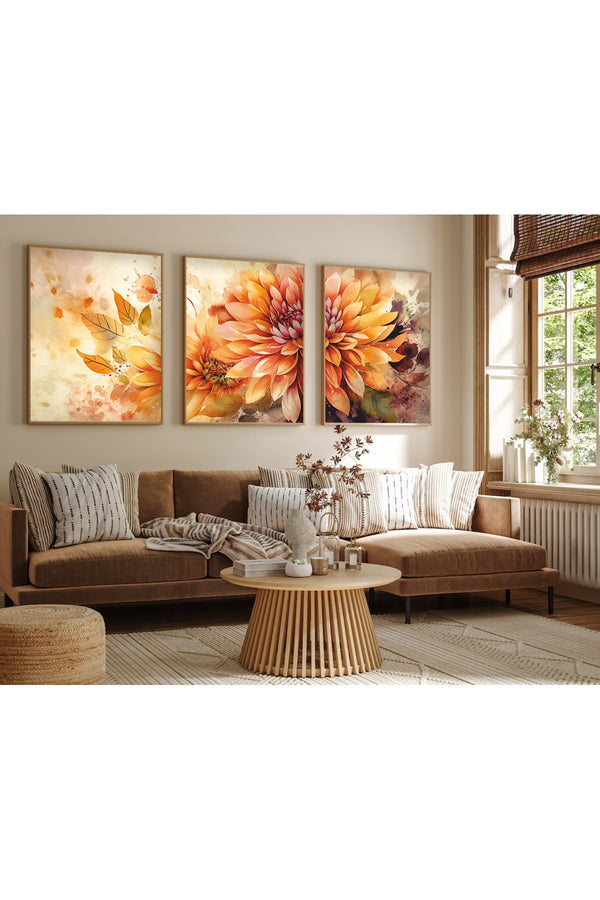 Çiçek Desenli Turuncu Tablo Seti - Modern 3’lü Set | huhu220