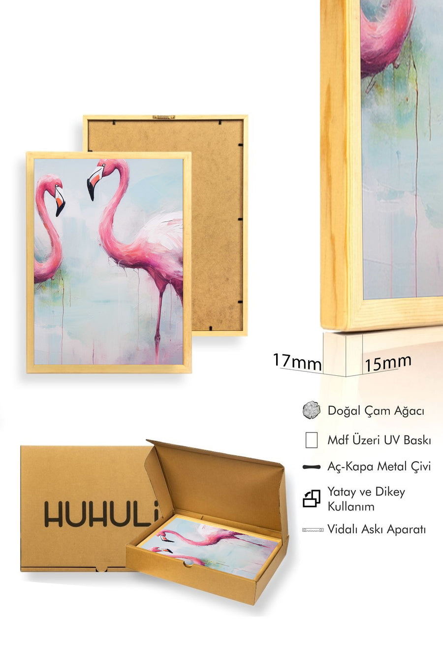 Doğal Ahşap Çerçeveli Flamingo Desenli Tablo - Pastel Tonlar | huhu1303