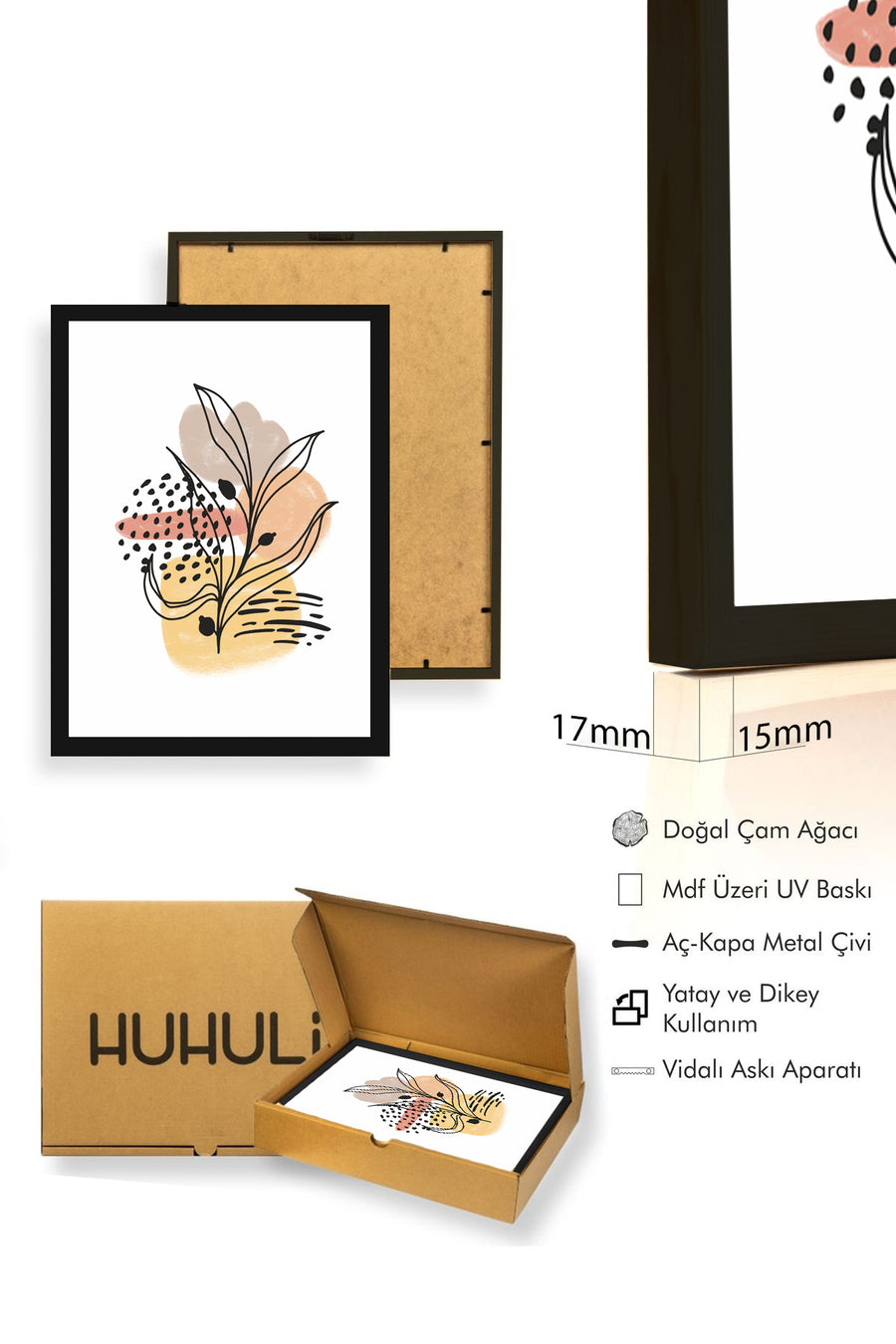 Doğal Ahşap Çerçeveli Minimal Yaprak Desenli Tablo - Canlı Tonlar | huhu1050
