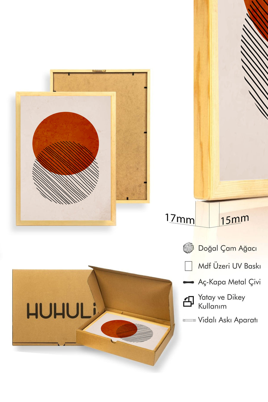 Doğal Ahşap Çerçeveli Geometrik Desenli Tablo - Canlı Tonlar | huhu1625