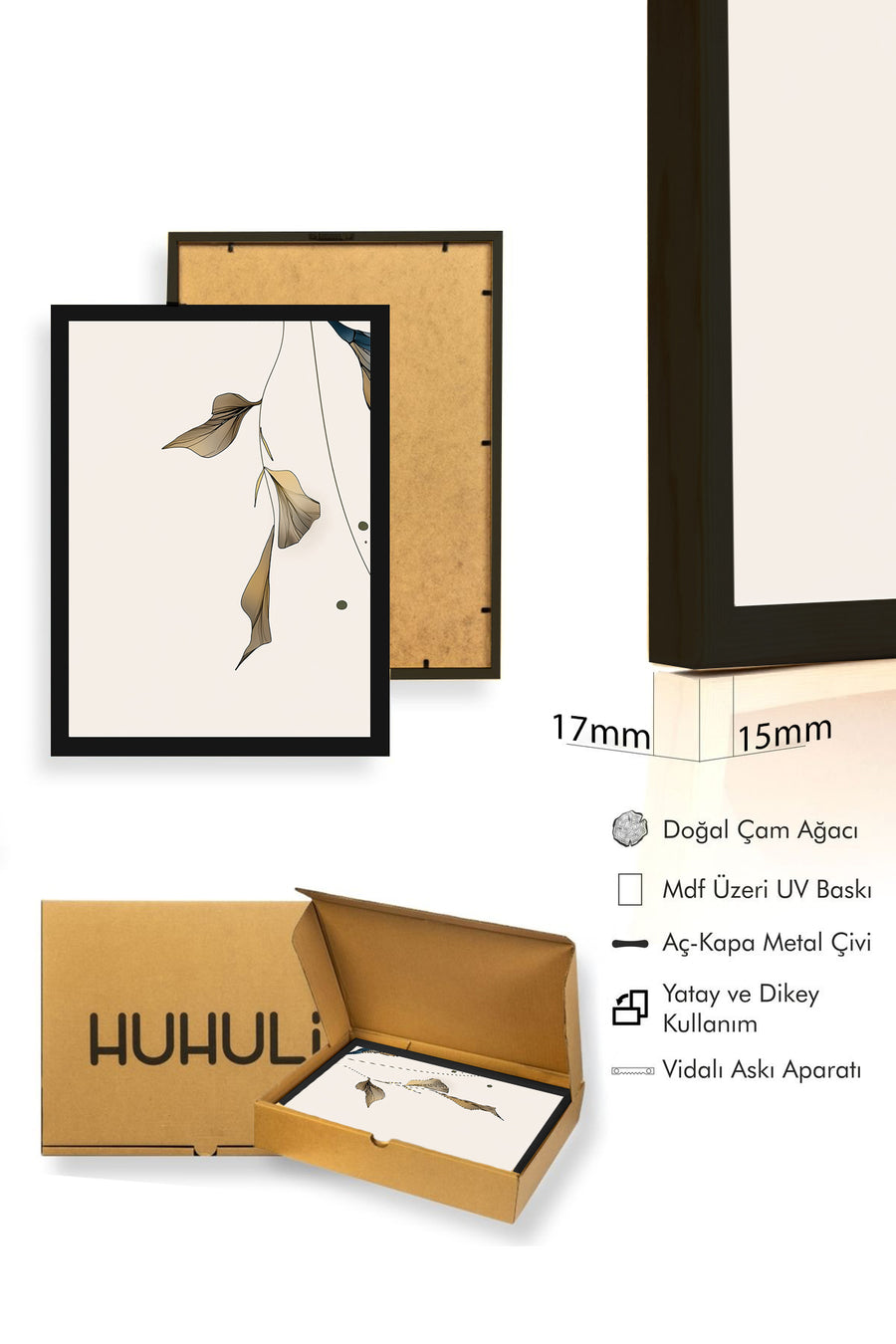 Doğal Ahşap Çerçeveli Yaprak Desenli Tablo - Minimal | huhu1293